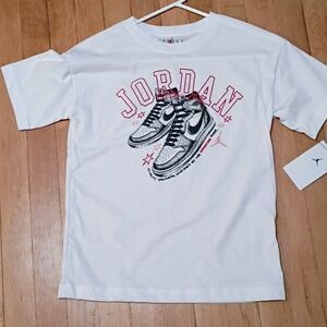 Air Jordan White and Black Sneaker Graphic Tee Nwt Girls Medium